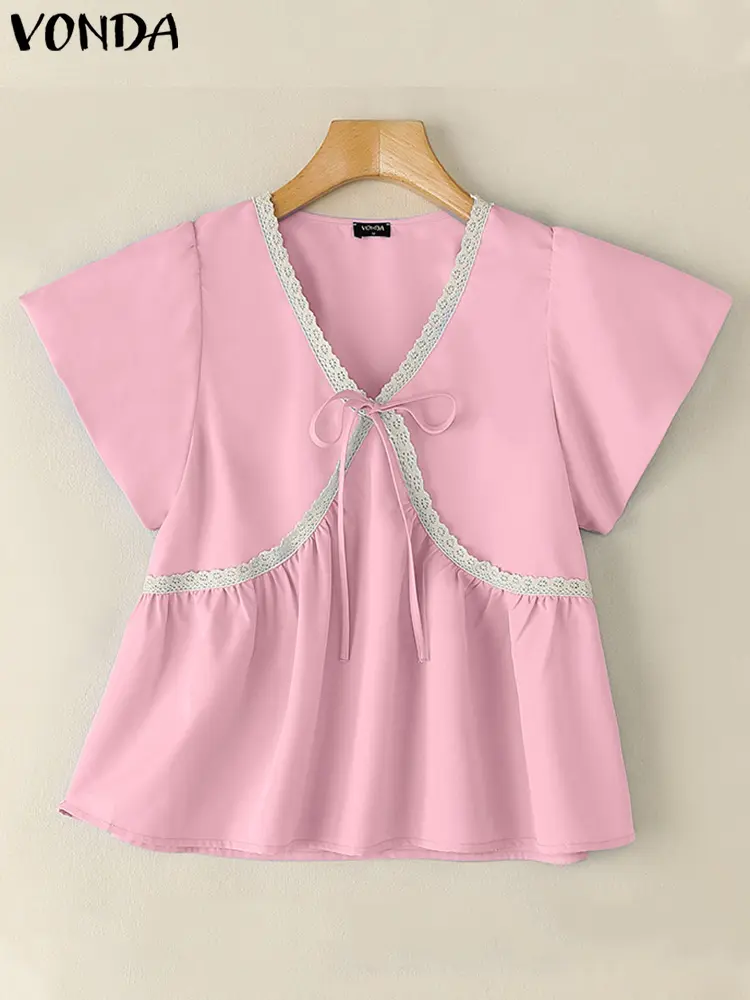 VONDA Lace Bow Blouses Fashion V-Neck Casual Shirts 2025 Women Summer Short Sleeve Loose Partchwork Elegant Blusas Tunic Tops