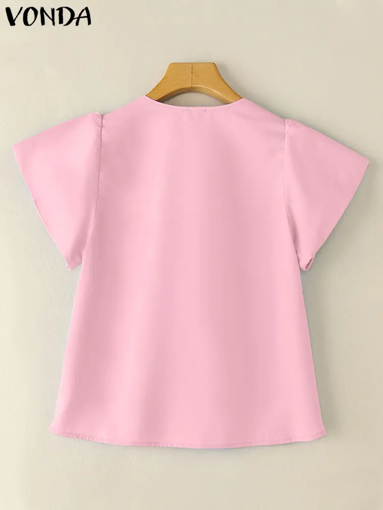 VONDA Lace Bow Blouses Fashion V-Neck Casual Shirts 2025 Women Summer Short Sleeve Loose Partchwork Elegant Blusas Tunic Tops