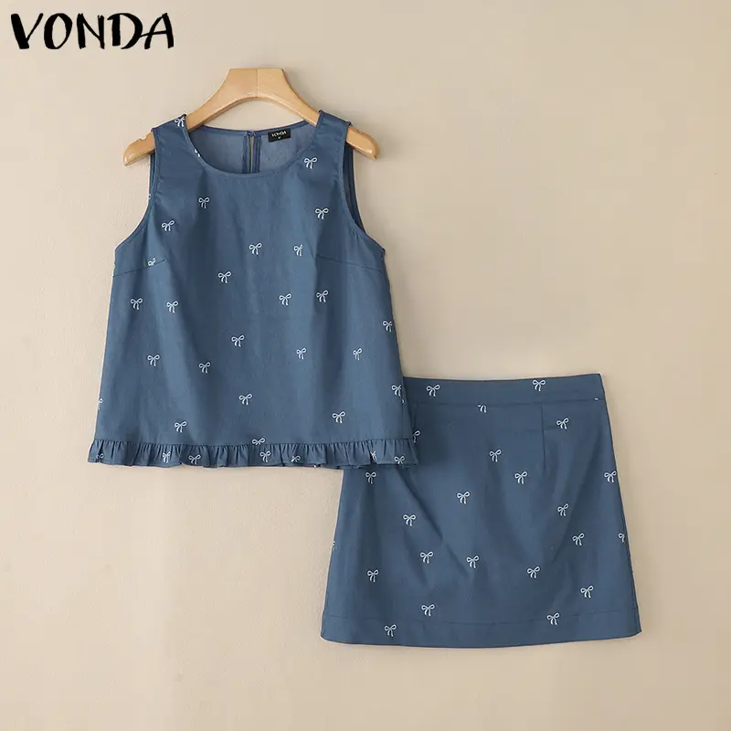 2025 VONDA Women Sweet Dress Sets Denim Summer Bow Print Korean Two-piece Outfits Sleeveless Tops and Mini Skirts Casual 2pcs