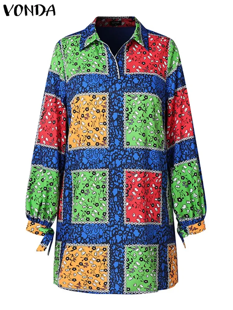 Plus Size 5XL VONDA Women Printed Dress 2025 Summer Bohemian Long Sleeve Party Sundress Vintage A-Line Vestidos Loose Robe Femme