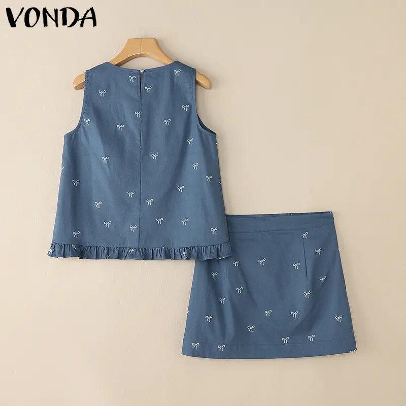 2025 VONDA Women Sweet Dress Sets Denim Summer Bow Print Korean Two-piece Outfits Sleeveless Tops and Mini Skirts Casual 2pcs