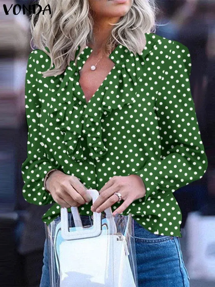 Plus Size 5XL VONDA Women Shirts 2025 Summer Elegant Blouse Bohemian Polka Dot Ruffle Tops Casual Stand Up Collar Tunics
