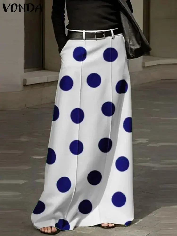 Plus Size 5XL VONDA Women Bohemian Dot Point Maxi Skirts Printed Long Skirt Summer High Waist Casual Loose A-Line Beach Skirts