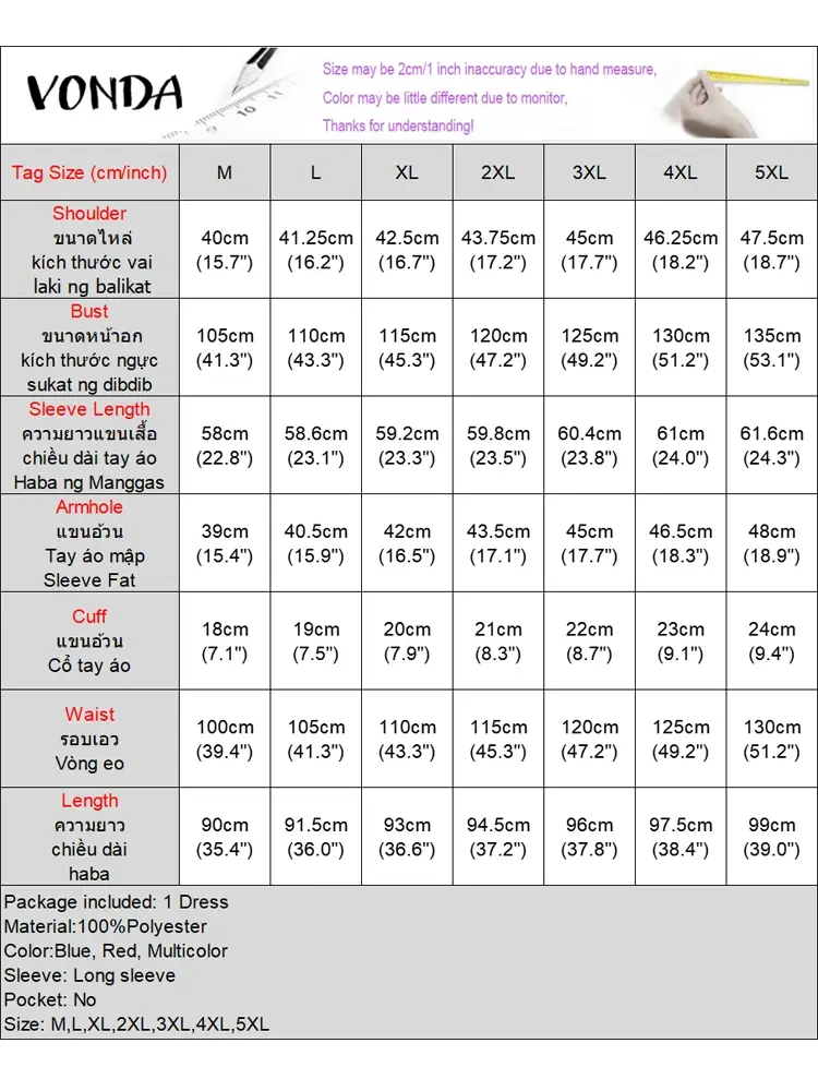 Plus Size 5XL VONDA Women Printed Dress 2025 Summer Bohemian Long Sleeve Party Sundress Vintage A-Line Vestidos Loose Robe Femme