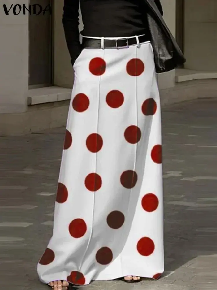 Plus Size 5XL VONDA Women Bohemian Dot Point Maxi Skirts Printed Long Skirt Summer High Waist Casual Loose A-Line Beach Skirts