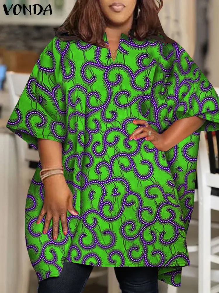 Plus Size 5XL VONDA Women Elegant Blouse 2025 Summer Printed Tops Half Sleeve Shirts Bohemian V Neck Casual Loose Blusas Femme