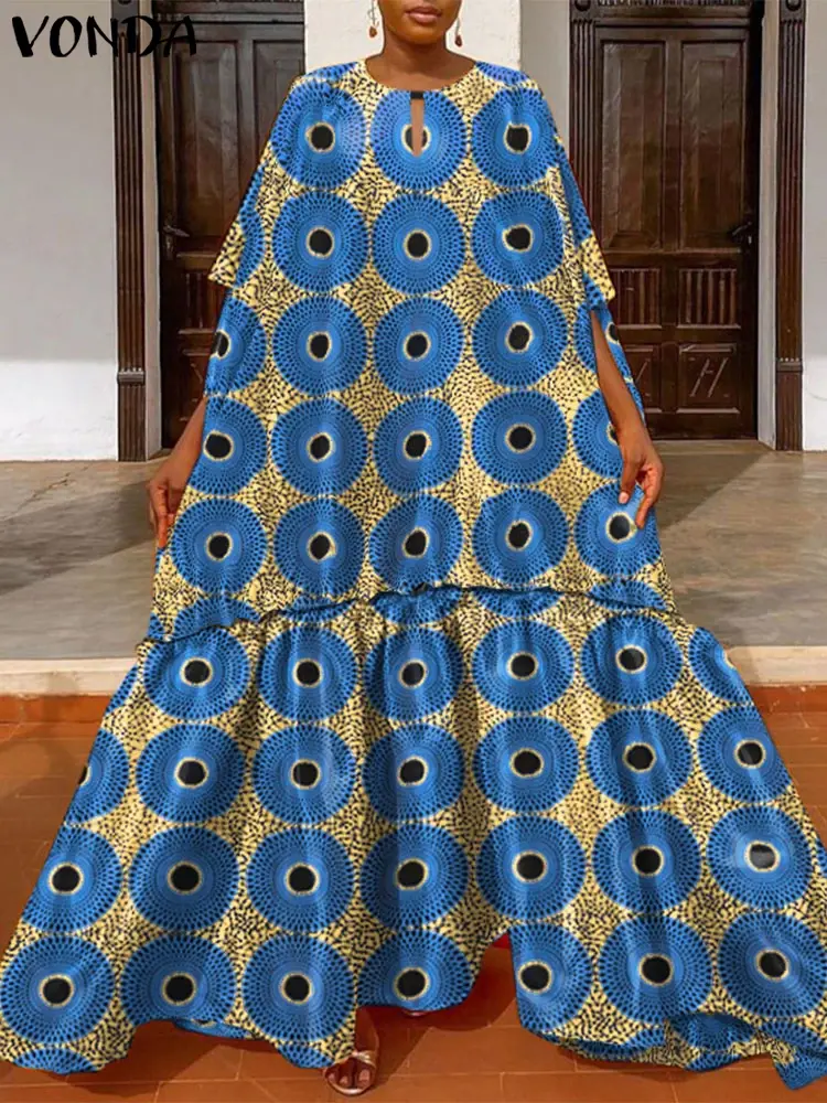 VONDA Bohemian Women Summer Maxi Dress 2025 Short Sleeve Sundress Vintage Printed Ruffled Robe Casual Loose Vestidos Oversized