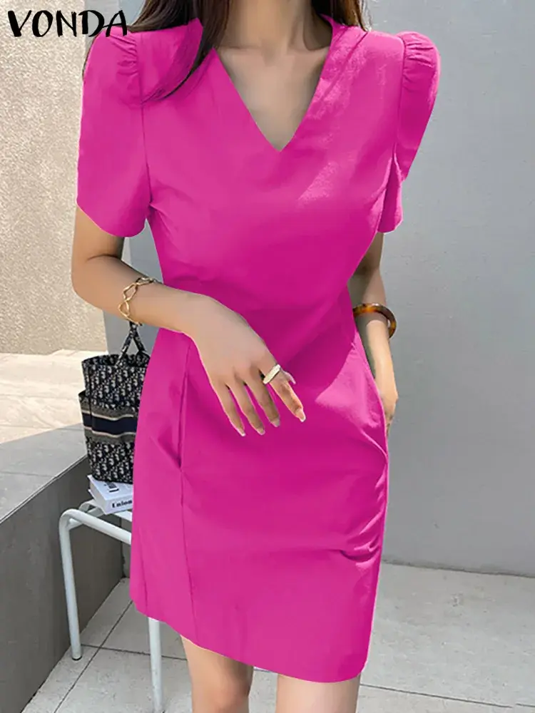 VONDA 2025 Summer Women Mini Dress Short Puff Sleeve Party Sundress Sexy V Neck Fashion Casual Loose Solid Zipper Short Vestidos