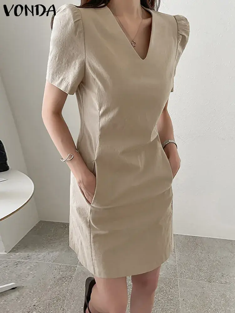 VONDA 2025 Summer Women Mini Dress Short Puff Sleeve Party Sundress Sexy V Neck Fashion Casual Loose Solid Zipper Short Vestidos