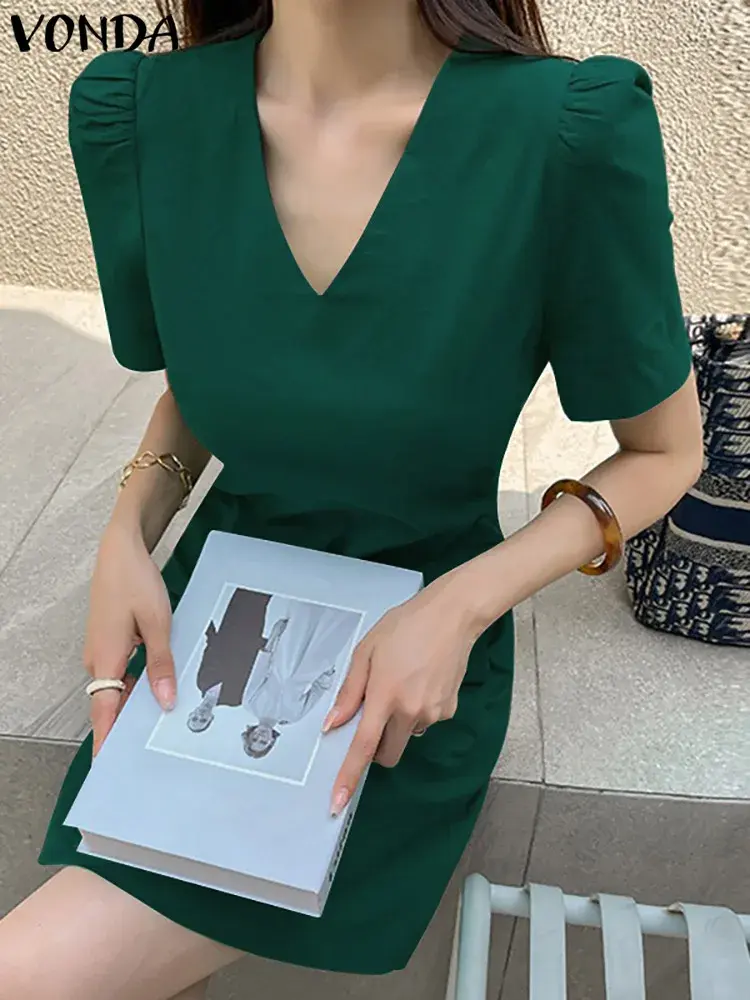 VONDA 2025 Summer Women Mini Dress Short Puff Sleeve Party Sundress Sexy V Neck Fashion Casual Loose Solid Zipper Short Vestidos