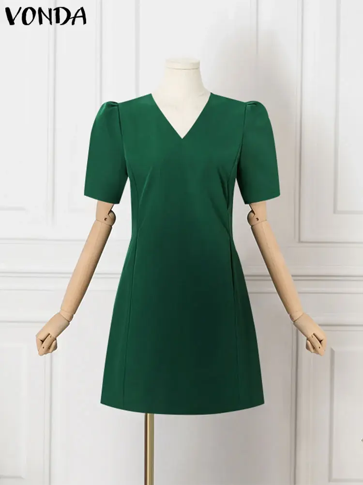 VONDA 2025 Summer Women Mini Dress Short Puff Sleeve Party Sundress Sexy V Neck Fashion Casual Loose Solid Zipper Short Vestidos