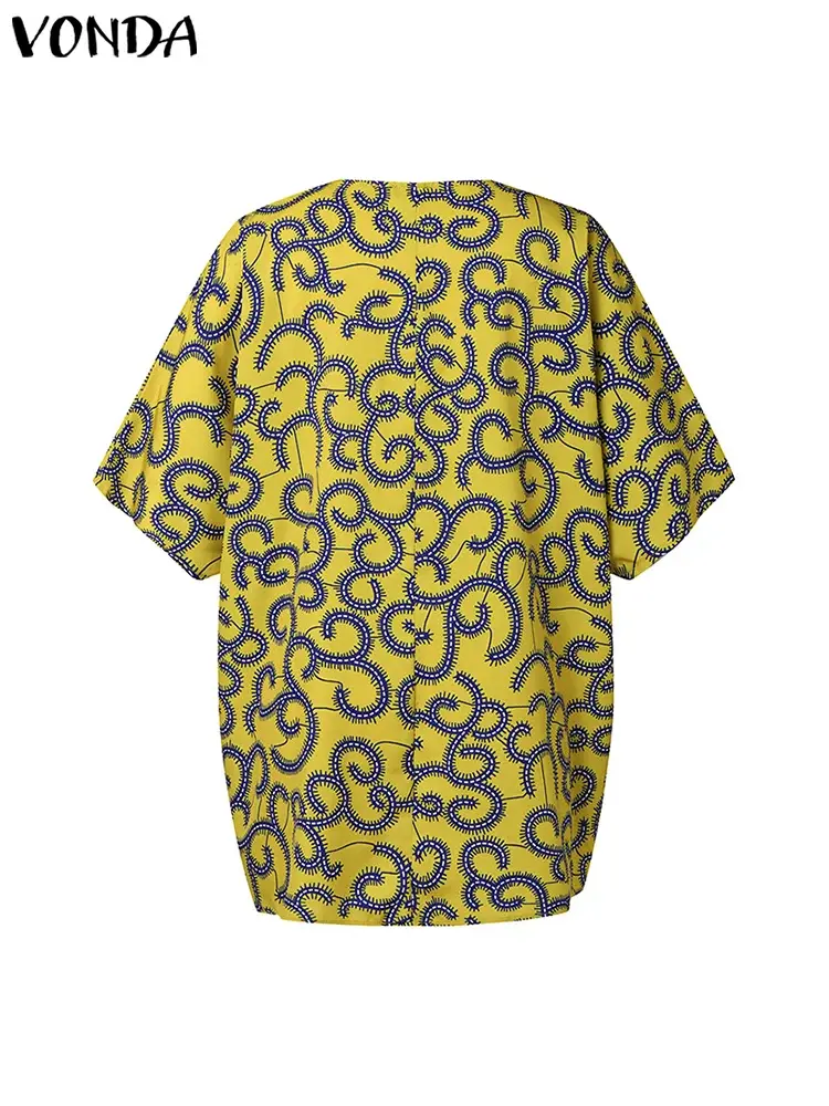 VONDA 2025 Summer Women Blouse Shirts Vintage Printed Tops Elegant Half Sleeve V Neck Casual Tunic Loose Blusas Femininas Top