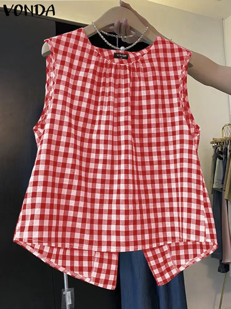 Casual Plaid Tops Tank 2025 Women Summer Blouse VONDA Back Split Blusas Loose Female O-Neck Sleeveless Party Tunic Oversized