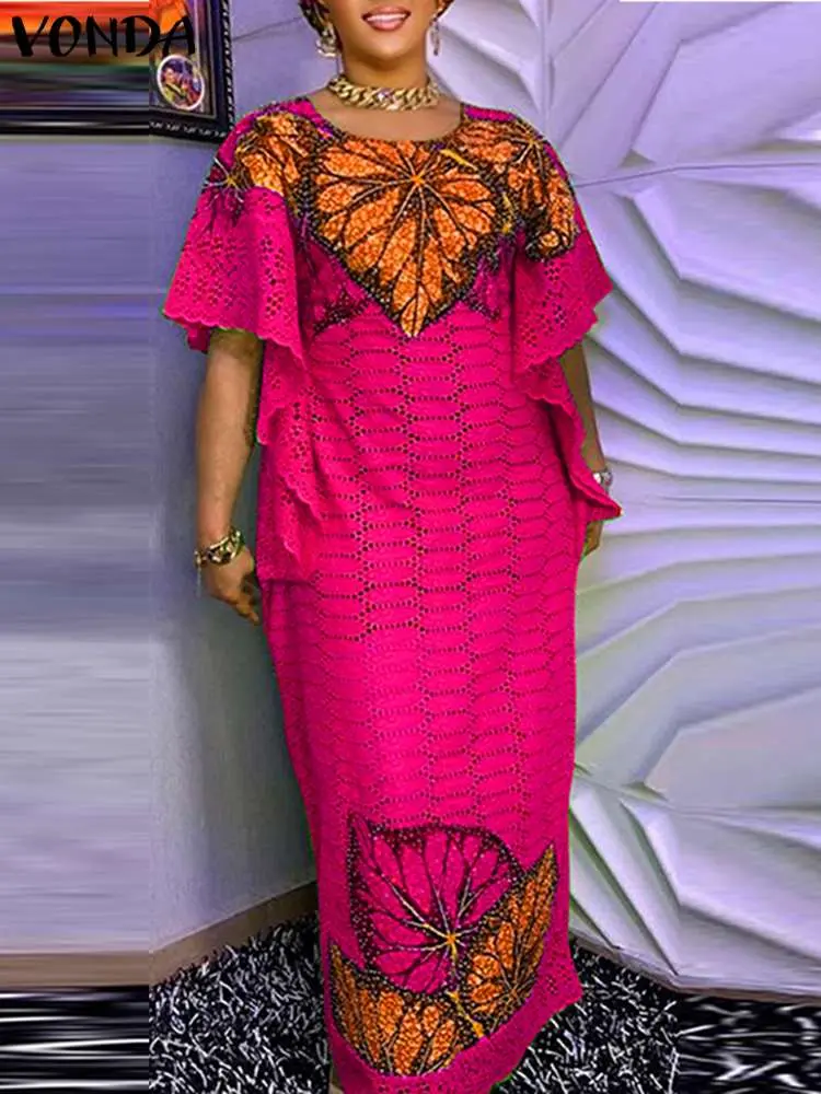VONDA 2025 Women Bohemian Printed Maxi Dress Summer Ruffled Short Sleeve Long Sundress Fashion Vintage Casual Oversized Vestidos