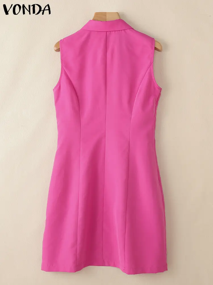VONDA Sexy Sleeveless Mini Dress Women Summer Sundress 2025 Elegant Lady Tank Vestidos Turn-down Collar Casual Solid Color Robe