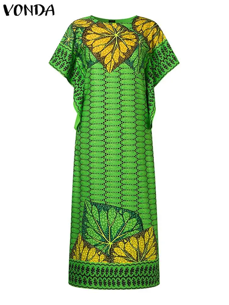 VONDA 2025 Women Bohemian Printed Maxi Dress Summer Ruffled Short Sleeve Long Sundress Fashion Vintage Casual Oversized Vestidos