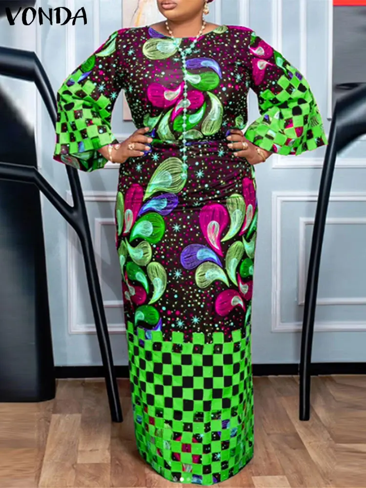 Plus Size 5XL VONDA Women Bohemian Printed Dress Long Flare Sleeve Maxi Sundress 2025 Casual Loose Vestido Oversized Robe Femme