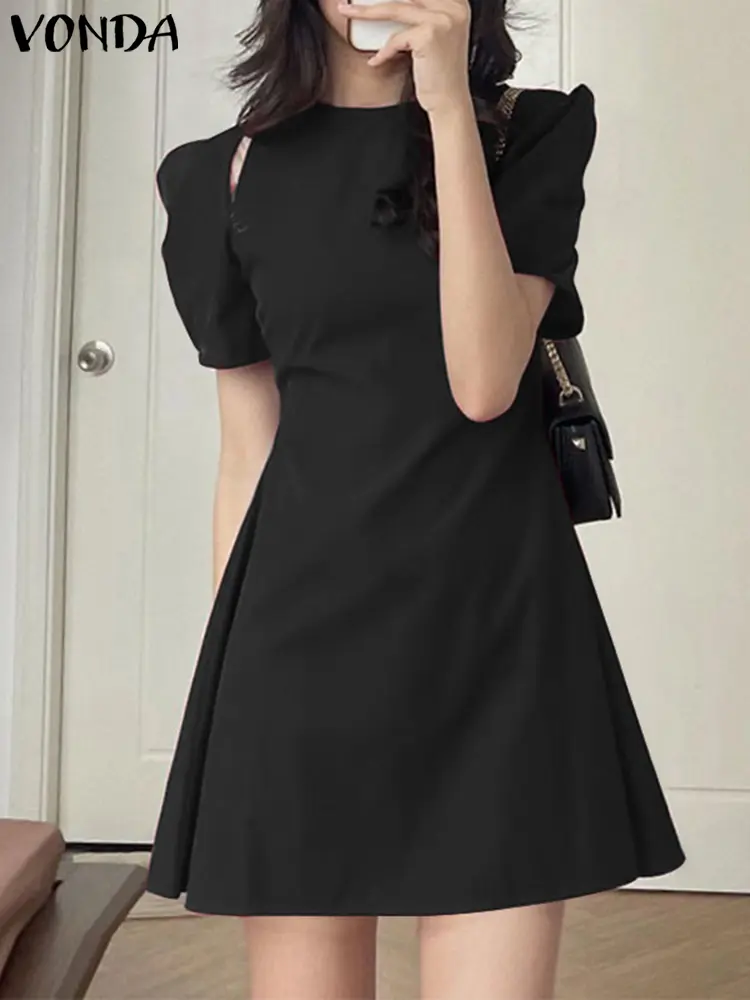 VONDA 2024 Summer Women Elegant Mini Dress Short Puff Sleeve A-Line Sundress Casual Loose Solid Pleated Beach Dresses Robe Femme