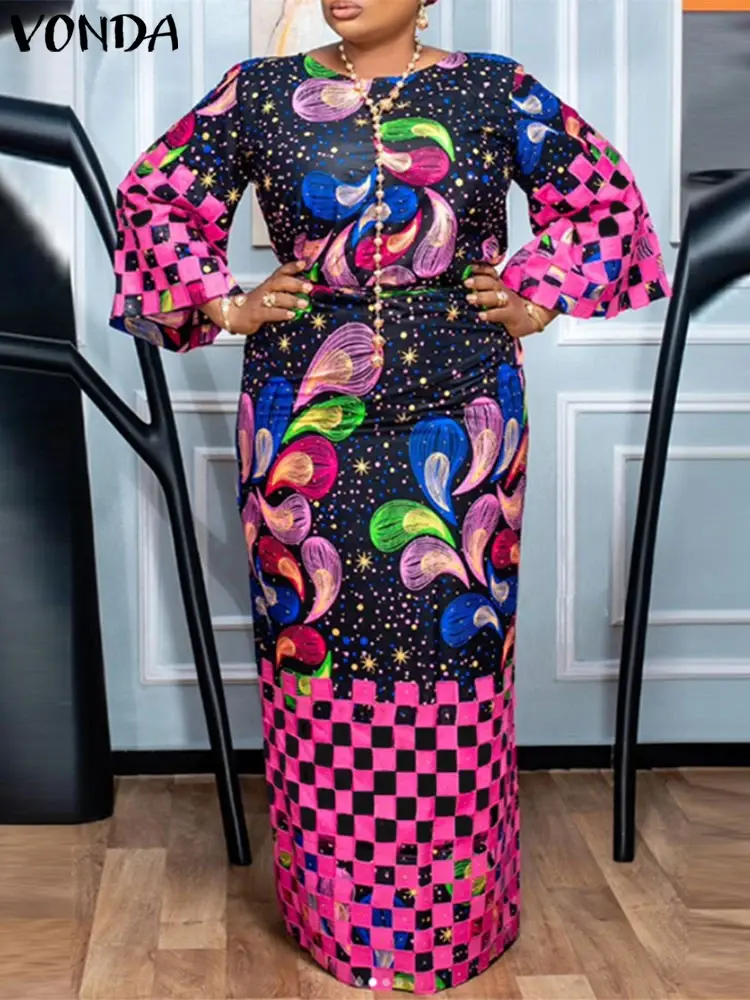 Plus Size 5XL VONDA Women Bohemian Printed Dress Long Flare Sleeve Maxi Sundress 2025 Casual Loose Vestido Oversized Robe Femme