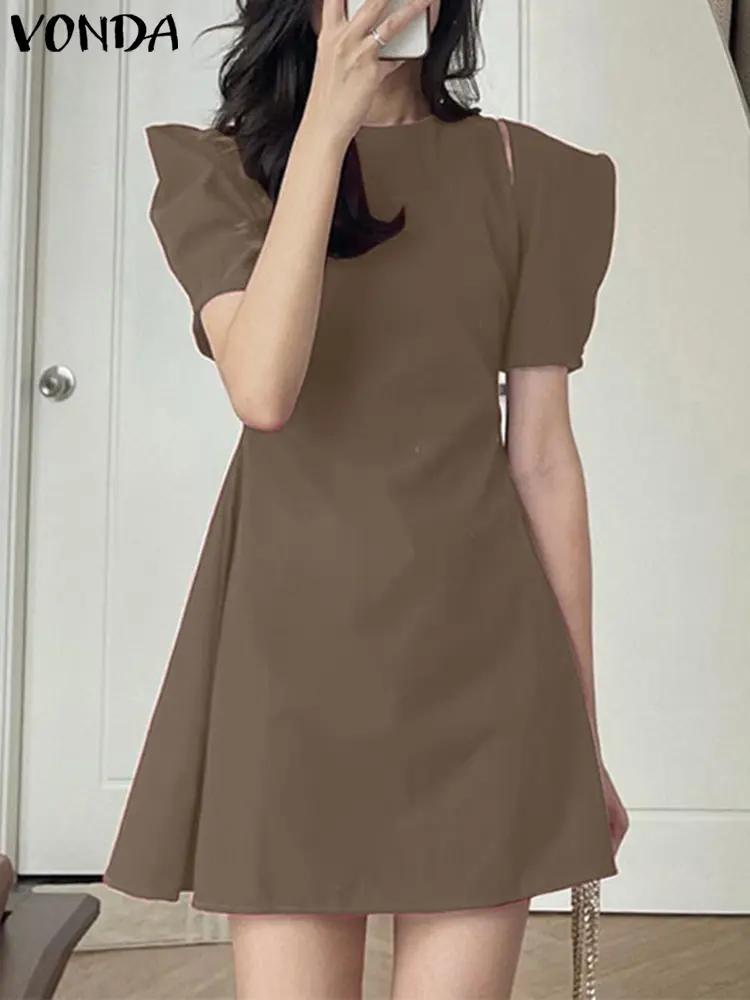 VONDA 2024 Summer Women Elegant Mini Dress Short Puff Sleeve A-Line Sundress Casual Loose Solid Pleated Beach Dresses Robe Femme