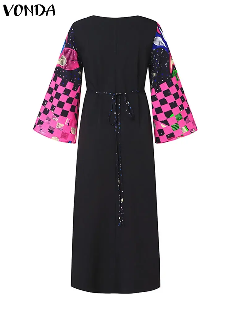 Plus Size 5XL VONDA Women Bohemian Printed Dress Long Flare Sleeve Maxi Sundress 2025 Casual Loose Vestido Oversized Robe Femme