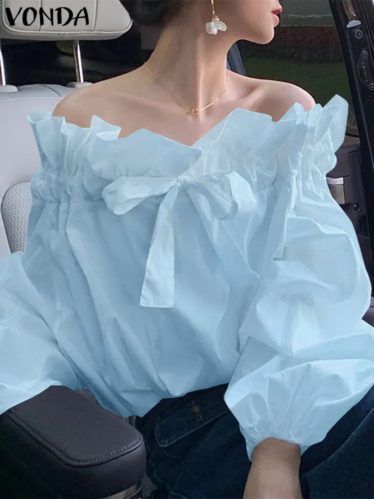 VONDA Party Blouse For Women Off The Shoulder Tops 2025 Solid Color Shirts Casual Loose Bow Blouse Long Sleeve Blusas Oversized
