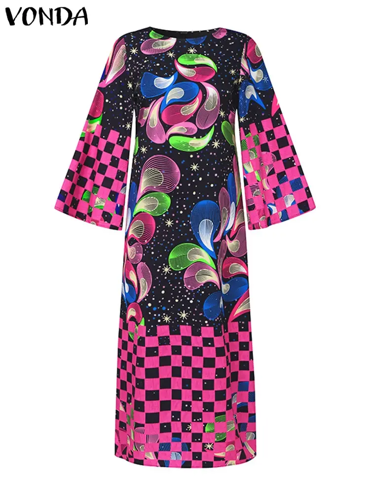 Plus Size 5XL VONDA Women Bohemian Printed Dress Long Flare Sleeve Maxi Sundress 2025 Casual Loose Vestido Oversized Robe Femme