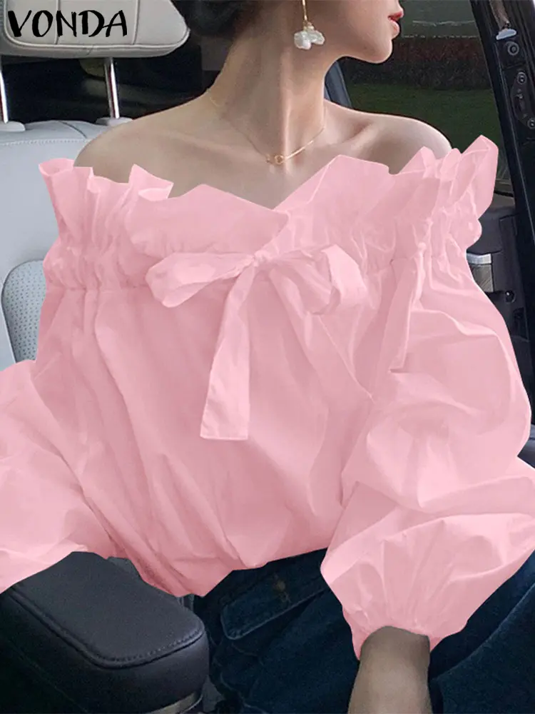 VONDA Party Blouse For Women Off The Shoulder Tops 2025 Solid Color Shirts Casual Loose Bow Blouse Long Sleeve Blusas Oversized