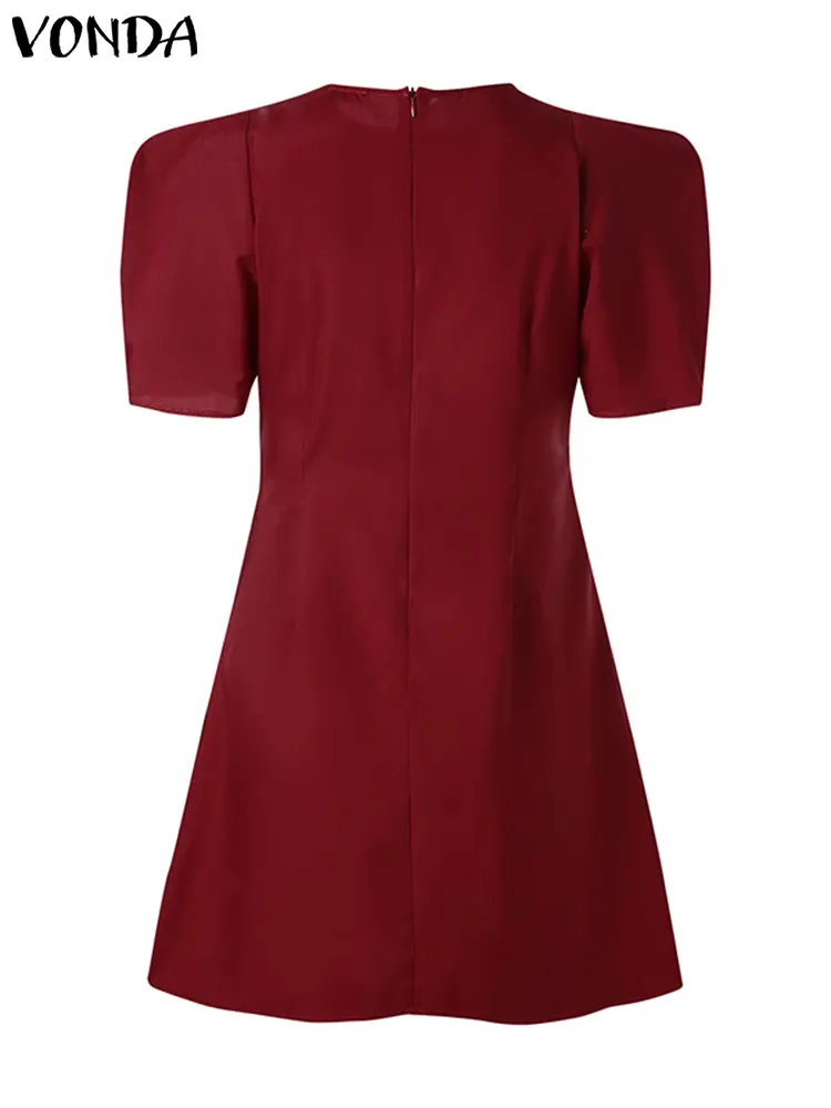 VONDA 2024 Summer Women Elegant Mini Dress Short Puff Sleeve A-Line Sundress Casual Loose Solid Pleated Beach Dresses Robe Femme