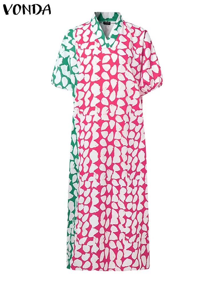 VONDA Plus Size Maxi Dress Summer Bohemian Women Short Sleeve Long Sundress V-Neck Casual Print Loose Party Vestido Vintage Robe