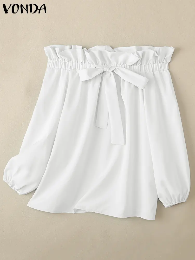 VONDA Party Blouse For Women Off The Shoulder Tops 2025 Solid Color Shirts Casual Loose Bow Blouse Long Sleeve Blusas Oversized