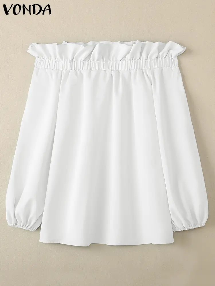 VONDA Party Blouse For Women Off The Shoulder Tops 2025 Solid Color Shirts Casual Loose Bow Blouse Long Sleeve Blusas Oversized