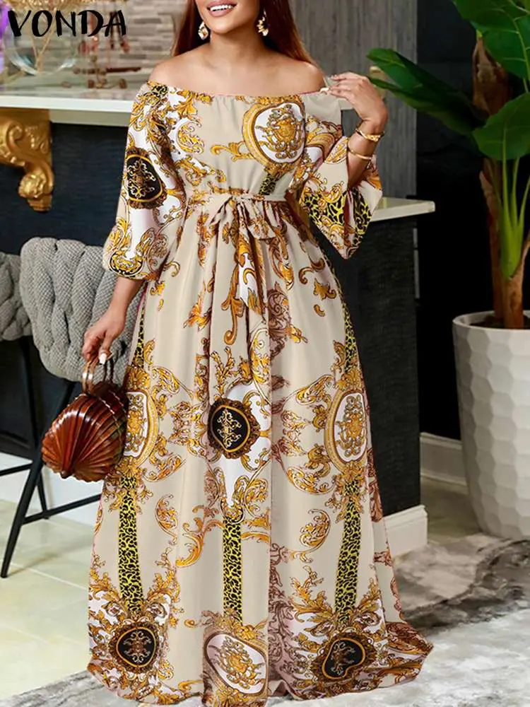 VONDA Bohemian Party Maxi Long Dress Women Off Shoulder Printed Beach Vestidos 2025 Summer Puff Sleeve Sundress Belted Oversized