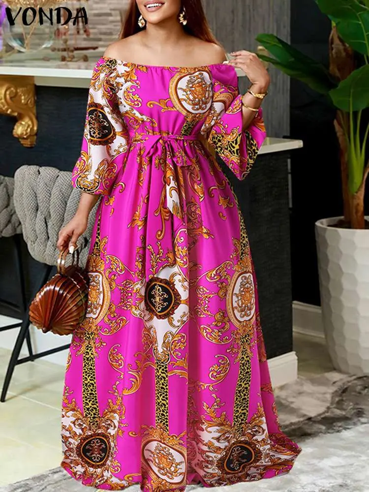 VONDA Bohemian Party Maxi Long Dress Women Off Shoulder Printed Beach Vestidos 2025 Summer Puff Sleeve Sundress Belted Oversized
