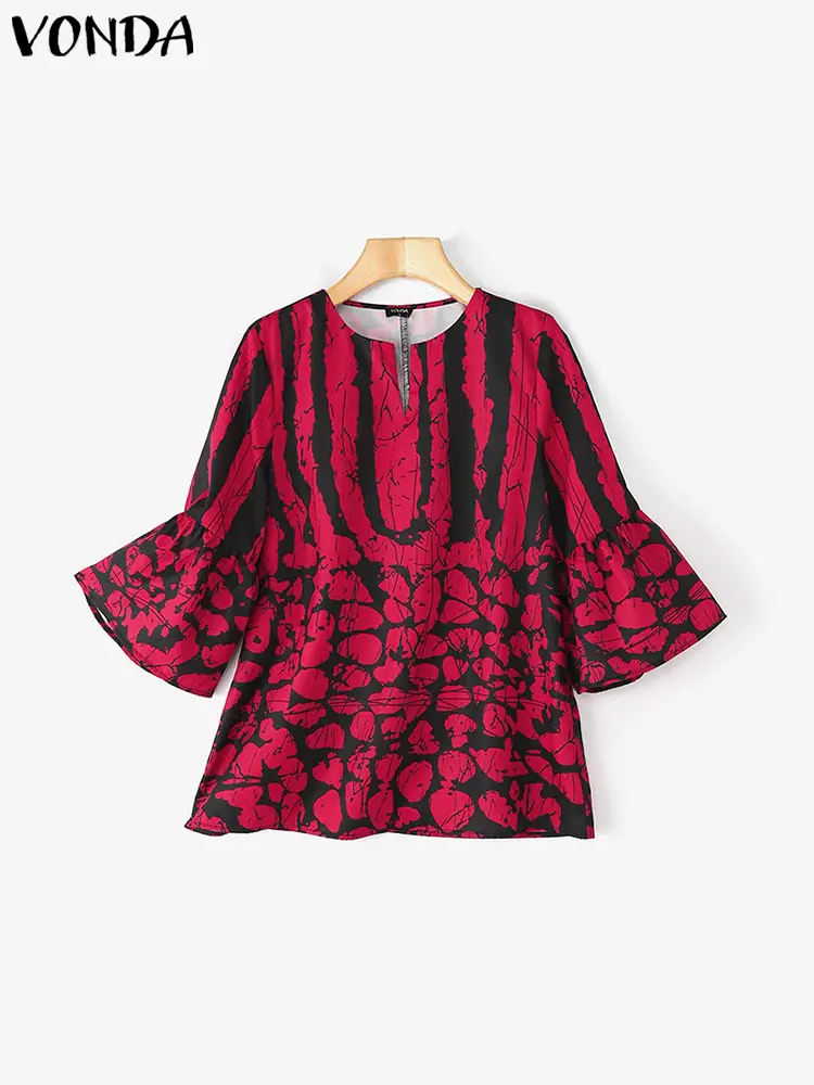 VONDA Women Blouse Summer Casual 3/4 Flare Sleeve Vintage Print Shirts 2025 Fashion V-Neck Bohemian Tops Loose Blusas Oversized