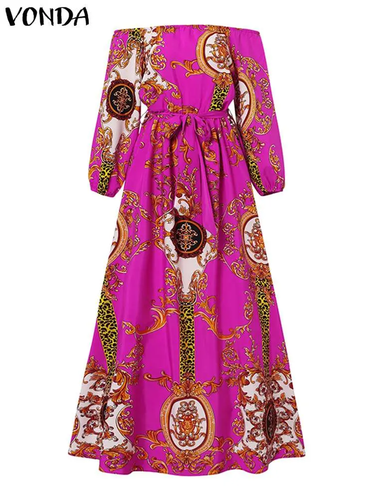 VONDA Bohemian Party Maxi Long Dress Women Off Shoulder Printed Beach Vestidos 2025 Summer Puff Sleeve Sundress Belted Oversized