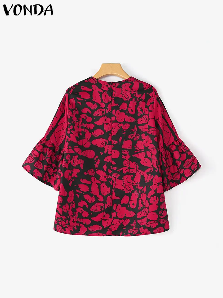 VONDA Women Blouse Summer Casual 3/4 Flare Sleeve Vintage Print Shirts 2025 Fashion V-Neck Bohemian Tops Loose Blusas Oversized