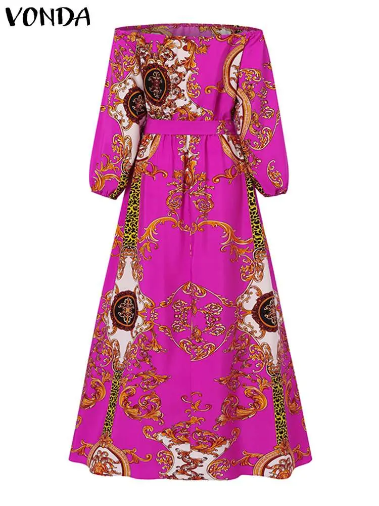 VONDA Bohemian Party Maxi Long Dress Women Off Shoulder Printed Beach Vestidos 2025 Summer Puff Sleeve Sundress Belted Oversized