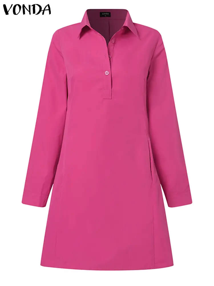 VONDA 2025 Summer Shirt Dress Women Elegant Long Sleeve Solid Color Sundress Casual Loose Buttons Pockets Short Mini Vestidos