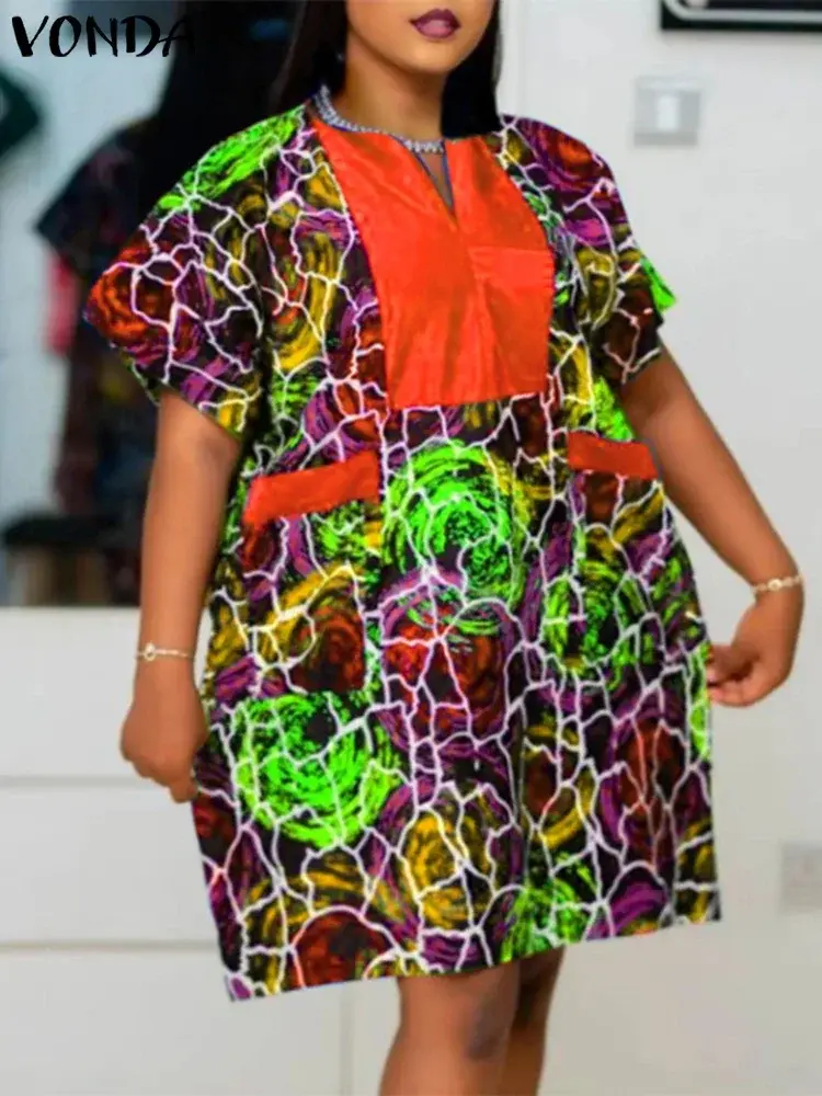 Plus Size 5XL VONDA Women Bohemian Printed Sundress 2025 Summer Dresses Casual V Neck Short Sleeve Beach Vestido Loose Robe