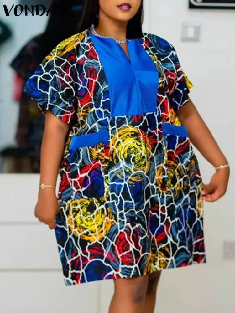 Plus Size 5XL VONDA Women Bohemian Printed Sundress 2025 Summer Dresses Casual V Neck Short Sleeve Beach Vestido Loose Robe