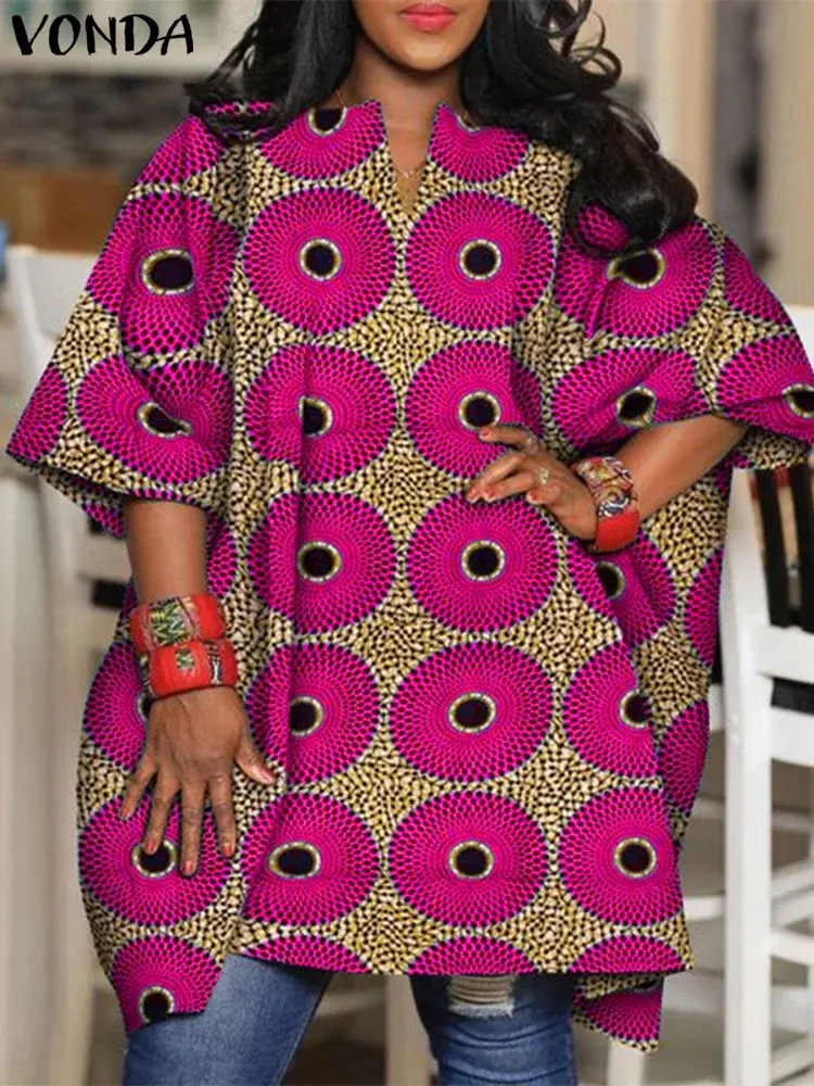 Plus Size 5XL VONDA Printed Blouse Women Short Sleeve Tops 2025 Vintage V-Neck Bohemian Shirts Bat Sleeve Casual Loose Blusas