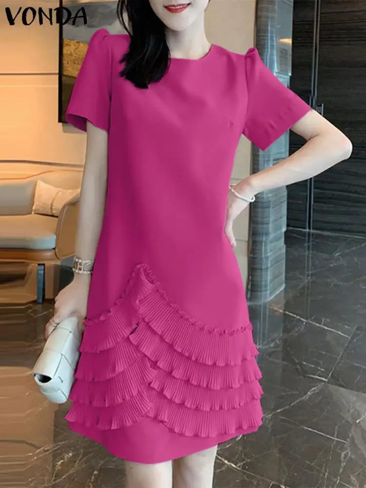 VONDA Women Elegant Casual Mini Dress Fashion O-Neck Short Sleeve Ruffled Sundress 2025 Summer Solid Color Beach Vestidos Robe