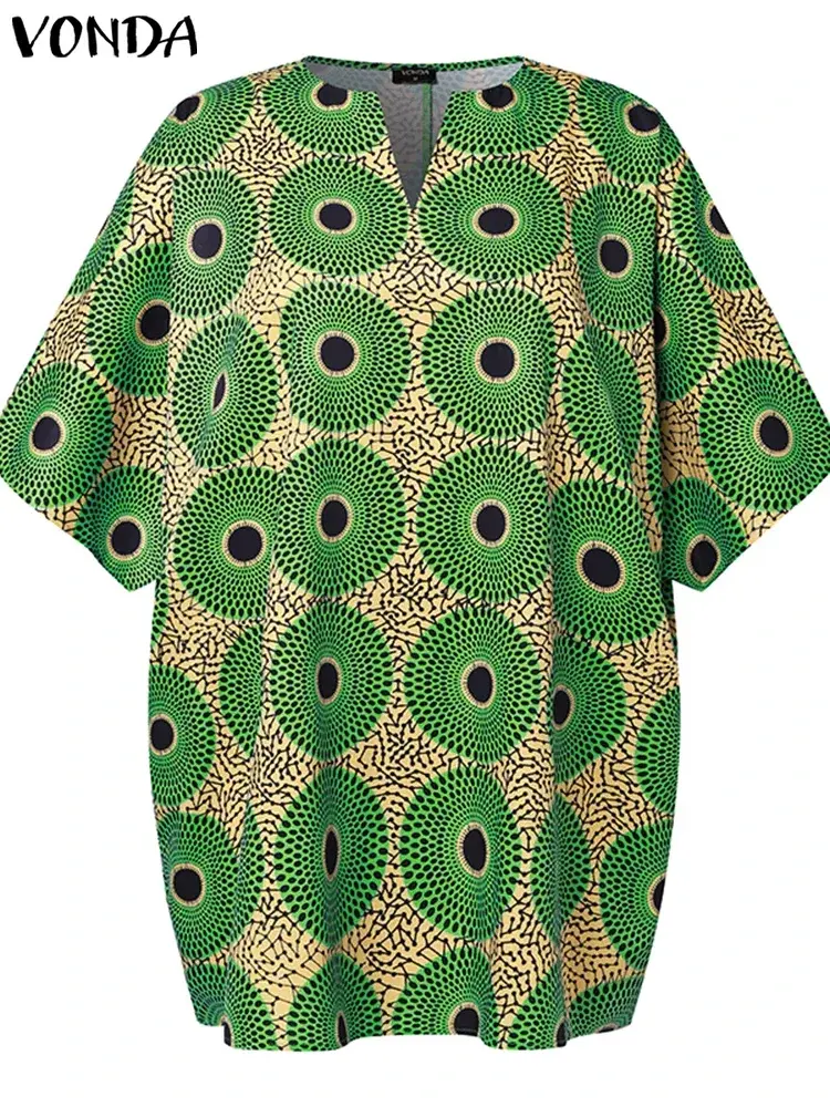 Plus Size 5XL VONDA Printed Blouse Women Short Sleeve Tops 2025 Vintage V-Neck Bohemian Shirts Bat Sleeve Casual Loose Blusas