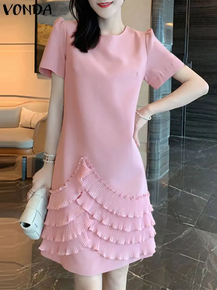 VONDA Women Elegant Casual Mini Dress Fashion O-Neck Short Sleeve Ruffled Sundress 2025 Summer Solid Color Beach Vestidos Robe