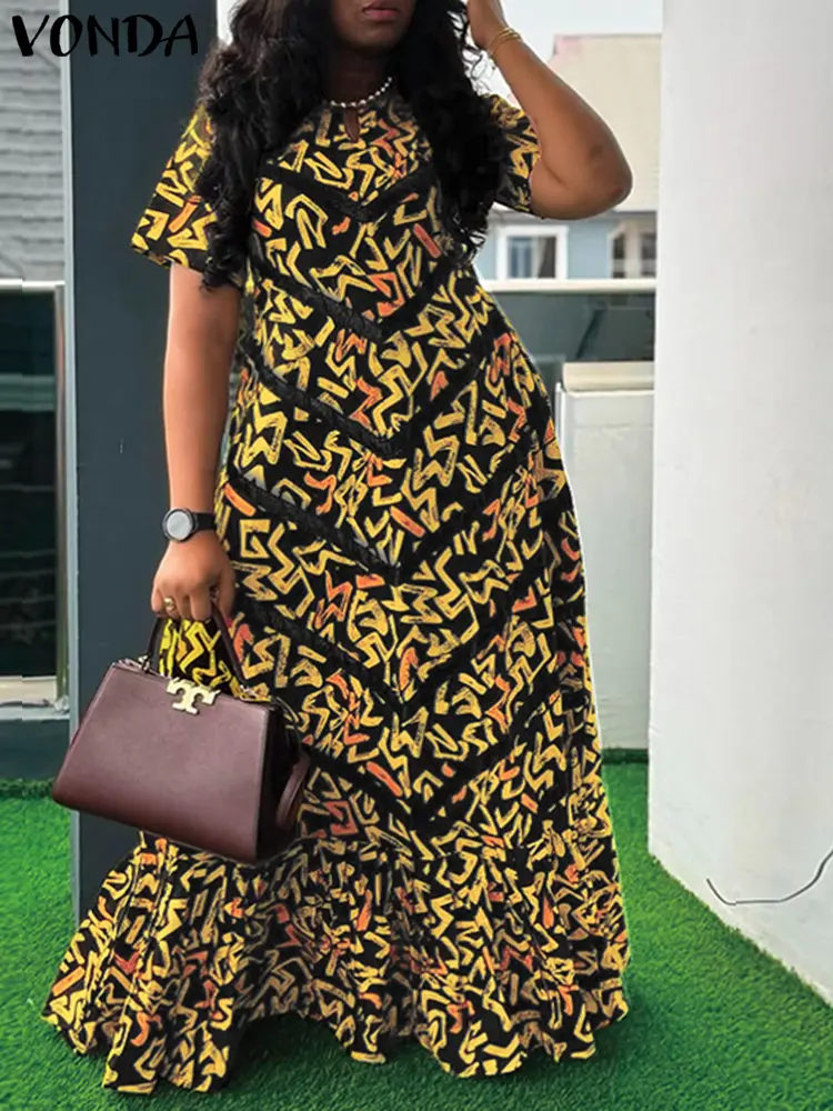 VONDA 2025 Summer Vintage Bohemian Maxi Dress Women Short Sleeve Printed Party Vestidos Casual Ruffled Long Robe V-Neck Vestidos