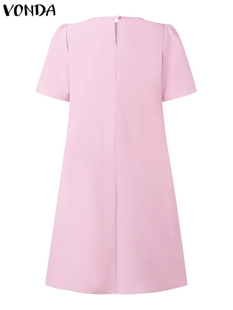 VONDA Women Elegant Casual Mini Dress Fashion O-Neck Short Sleeve Ruffled Sundress 2025 Summer Solid Color Beach Vestidos Robe