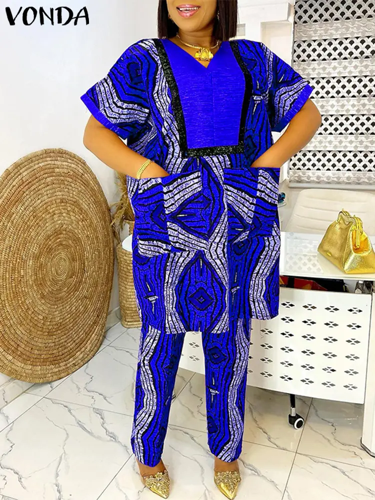 VONDA 2025 Bohemian Women Printed Pant Sets Two Piece Sets V-Neck Short Sleeve Loose Sets Pockets Vintage Suits Oversized