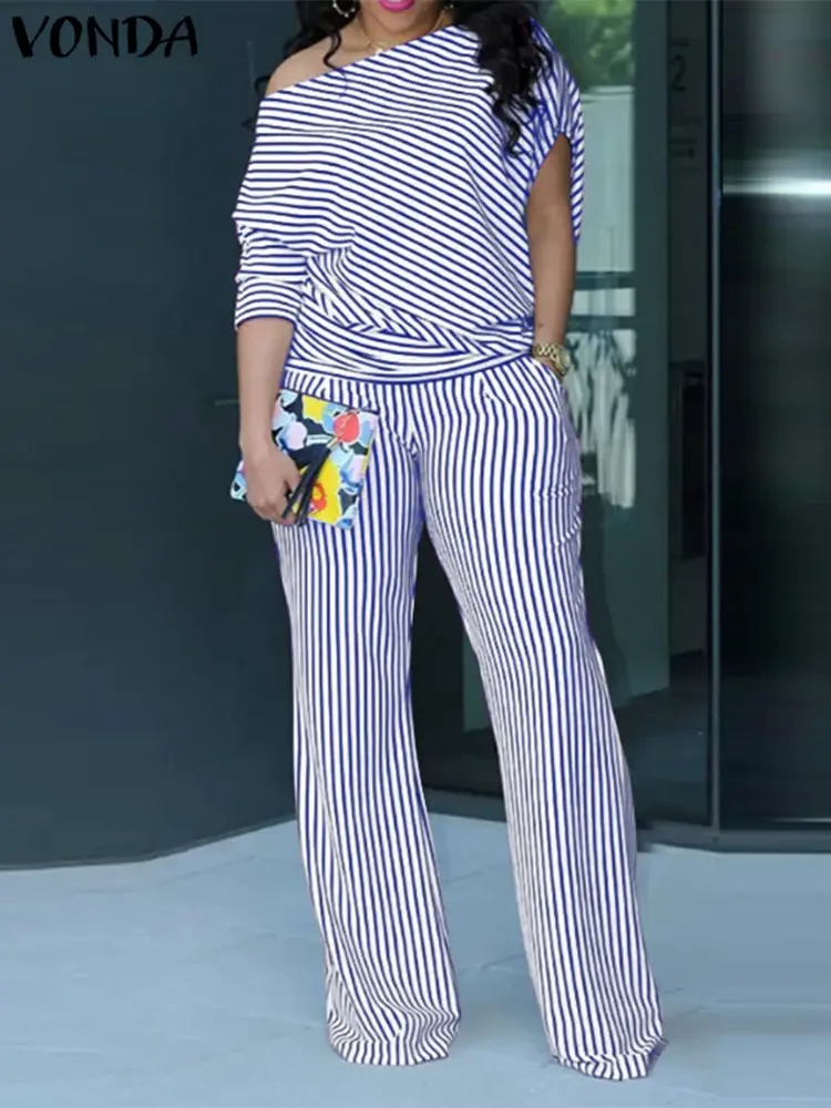 Plus Size VONDA Women Matching Sets 2025 Elegant Off Shoulder Pant Sets Printed Striped Trousers Suits Tops and Wide Leg Pants