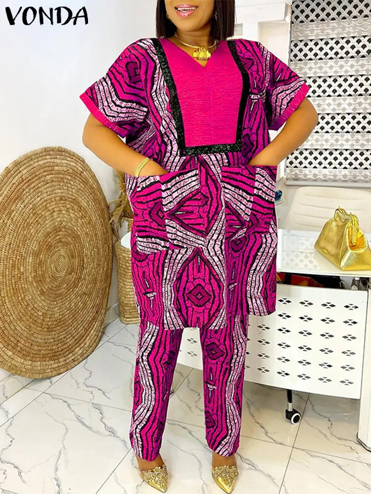 VONDA 2025 Bohemian Women Printed Pant Sets Two Piece Sets V-Neck Short Sleeve Loose Sets Pockets Vintage Suits Oversized